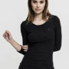 Urban Classics Damen Turn-Up Longsleeve Mit Knopfleiste U. Brusttasche Gerippt Schwarz