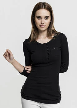 Urban Classics Damen Turn-Up Longsleeve Mit Knopfleiste U. Brusttasche Gerippt Schwarz