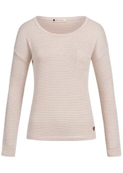 Aiki Damen Strickpullover Longsleeve Streifen Muster Kleine Brusttasche Rosa Weiss