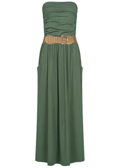 Cloud5ive Fashion Damen Longform Bandeau Kleid 2-Pockets Gürtel Military Grün -Onlyy Kleidung Geschaft 18067820 2