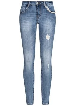 Seventyseven Lifestyle Damen Jeans Hose Destroy Look 5-Pockets Medium Blau Denim