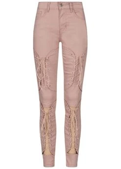 Seventyseven Lifestyle Damen Cut Out Lace Up Skinny Jeans 5-Pocktes Rosa Denim