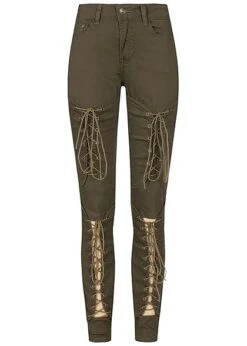 Seventyseven Lifestyle Damen Cut Out Lace Up Skinny Jeans 5-Pocktes Khaki Denim