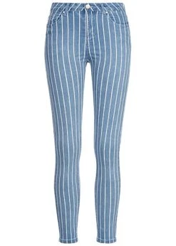 Seventyseven Lifestyle Damen Skinny Jeans Hose 5-Pocktes Streifen Muster Blau Weiss