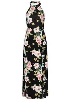 Styleboom Fashion Damen Maxi Choker Dess Flower Print Schwarz Weiss