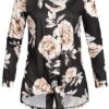 Styleboom Fashion Damen V-Neck Longshirt Flower Print Tie Knot Schwarz