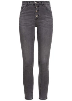 Seventyseven Lifestyle Damen High-Waist Skinny Jeans 5-Pockets Dunkel Grau Denim
