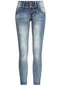 Cloud5ive Damen Skinny Jeans 5-Pockets Destroy Look Hell Blau Denim
