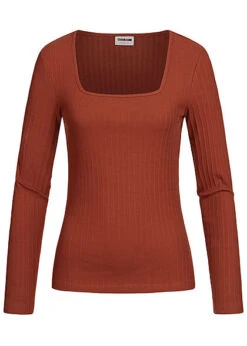 Noisy May Damen Bodycon Longsleeve Struktur-Stoff Burnt Henna Braun