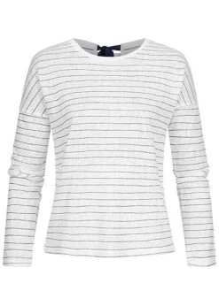 ONLY Damen Longsleeve Streifen Muster Schleife Rückseite Cloud Dancer Weiss Blau