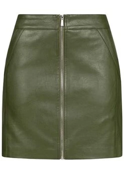 ONLY Damen Kunstleder Rock 2-Pockets Zipper Vorne Rifle Grün