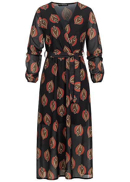 Styleboom Fashion Damen V-Neck Chiffon Midi Kleid Inkl Gürtel Blatt Muster Schwarz 1 Styleboom Fashion Damen V-Neck Chiffon Midi Kleid Inkl Gürtel Blatt Muster Schwarz