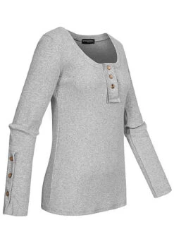 Styleboom Fashion Damen Ribbed Longsleeve Knopfleiste Hell Grau -Onlyy Kleidung Geschaft 20026197 2