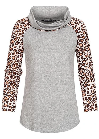 Styleboom Fashion Damen Schalkragen Longsleeve Leo Print Hell Grau Beige 1 Styleboom Fashion Damen Schalkragen Longsleeve Leo Print Hell Grau Beige