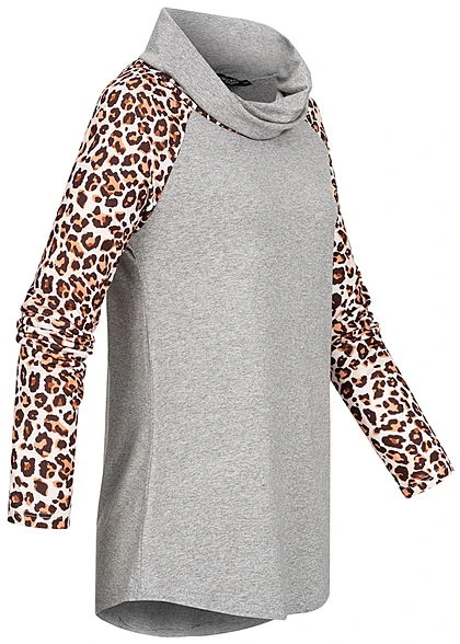 Styleboom Fashion Damen Schalkragen Longsleeve Leo Print Hell Grau Beige 2 Styleboom Fashion Damen Schalkragen Longsleeve Leo Print Hell Grau Beige – Bild 2