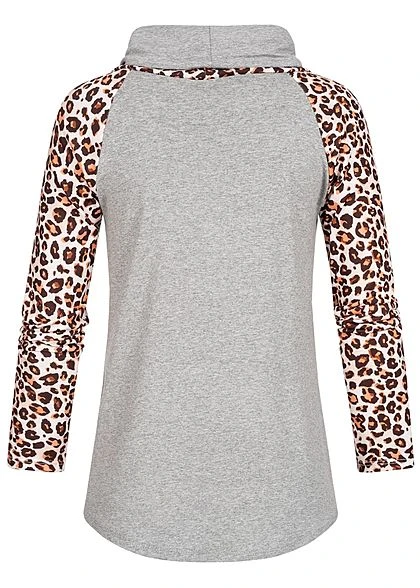 Styleboom Fashion Damen Schalkragen Longsleeve Leo Print Hell Grau Beige 3 Styleboom Fashion Damen Schalkragen Longsleeve Leo Print Hell Grau Beige – Bild 3