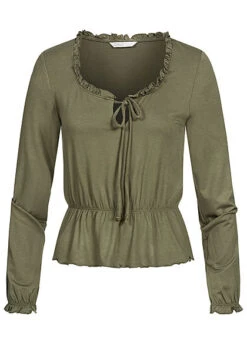 ONLY Damen Cropped Longsleeve Schnürausschnitt Kalamata Oliv Grün