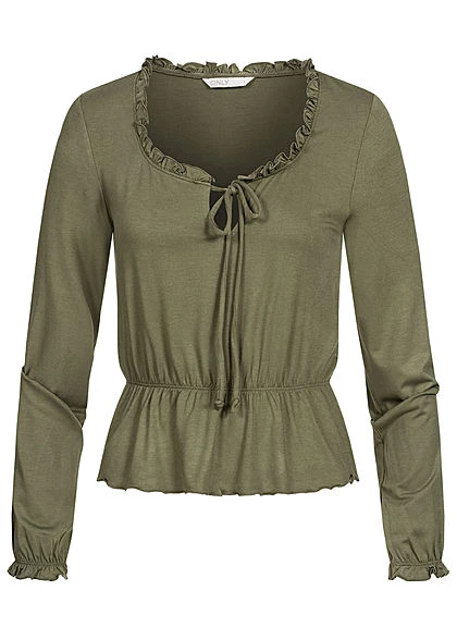 ONLY Damen Cropped Longsleeve Schnürausschnitt Kalamata Oliv Grün 1 ONLY Damen Cropped Longsleeve Schnürausschnitt Kalamata Oliv Grün
