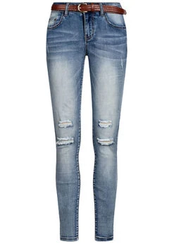 Cloud5ive Damen Jeans Skinny 5-Pockets Inkl. Gürtel Destroy Look M. Blau D.