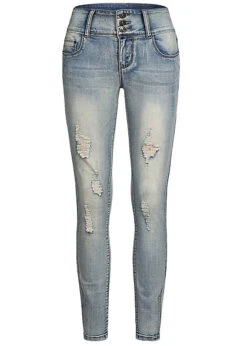 Seventyseven Lifestyle Damen Jeans Skinny Hose 5-Pockets Destroy Look Medium Blau Den