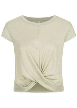 ONLY Damen Lurex T-Shirt Mit Knotendetail Vorne Glitzer Allover Aqua Foam Grün