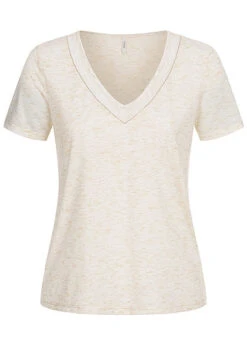 ONLY Damen V-Neck Melange Lurex T-Shirt Mit Spitze & Deko Perlen Cloud Dancer Weiss