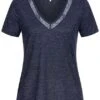 ONLY Damen V-Neck Melange Lurex T-Shirt Mit Spitze & Deko Perlen Night Sky Blau