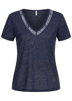 ONLY Damen V-Neck Melange Lurex T-Shirt Mit Spitze & Deko Perlen Night Sky Blau