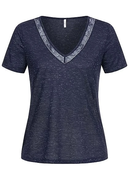 ONLY Damen V-Neck Melange Lurex T-Shirt Mit Spitze & Deko Perlen Night Sky Blau 1 ONLY Damen V-Neck Melange Lurex T-Shirt Mit Spitze & Deko Perlen Night Sky Blau