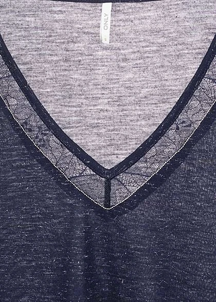ONLY Damen V-Neck Melange Lurex T-Shirt Mit Spitze & Deko Perlen Night Sky Blau 3 ONLY Damen V-Neck Melange Lurex T-Shirt Mit Spitze & Deko Perlen Night Sky Blau – Bild 3
