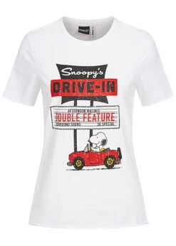 ONLY Damen T-Shirt Snoopy Print Strass Steine Bright Weiss