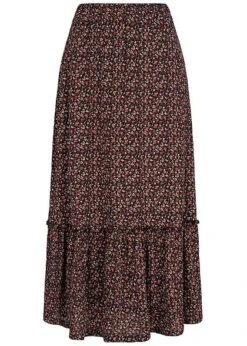 ONLY Damen Midi Rock Krepp Stoff 2-lagig Blumen Muster Schwarz Rot