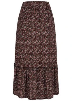 ONLY Damen Midi Rock Krepp Stoff 2-lagig Blumen Muster Schwarz Rot -Onlyy Kleidung Geschaft 20052722 2
