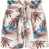 Fresh Lemons Damen Paperbag Shorts Inkl. Bindegürtel Tropical Print Weiss