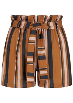 Fresh Lemons Damen High-Waist Paperbag Shorts Inkl. Gürtel Streifen Muster Braun