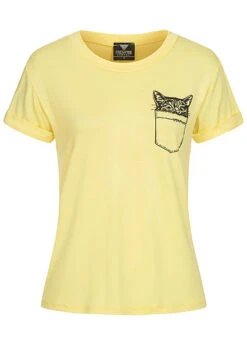 Fresh Tee Damen T-Shirt Cat-Pocket Print Gelb