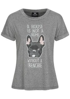 Fresh Tee Damen T-Shirt Frenchie Dog Print Dunkel Grau Melange