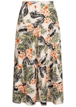 Fresh Lemons Damen Longform Stufenrock Tropical Print Off Weiss Grün Orange