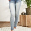 Cloud5ive Damen Skinny Jeans Hose 5-Pockets Breiter Bund Hell Blau Denim