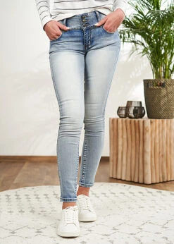 Seventyseven Lifestyle Damen Skinny Jeans Hose Breiter Bund Mit 3er Knopfleiste Hellblau