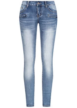 Cloud 5ive Damen Skinny Zip Jeans Hose 5-Pockets Medium Blau Denim