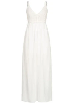 Hailys Damen V-Neck Maxi Krepp Kleid Häkelbesatz Oben 2-lagig Weiss