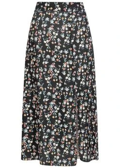 Fresh Lemons Damen Midi Rock Blumen Print Schlitz Seitlich Schwarz Mc