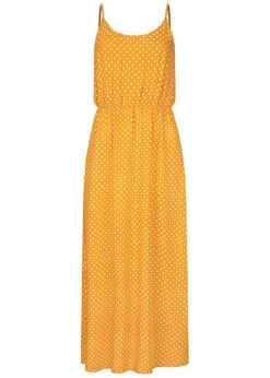 Fresh Lemons Damen Viskose Maxi Kleid Taillengummibund Punkte Muster Gelb Weiss