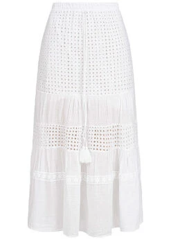 Fresh Lemons Damen Longform Rock Mit Lochspitze 2-lagig Deko Tunnelzug Weiss