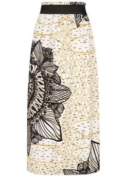 Styleboom Fashion Damen Paperbag Longform Rock Barock Print Weiss Schwarz