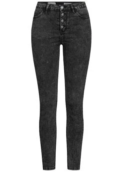 Hailys Damen High-Waist Skinny Jeans Hose Knopfleiste 5-Pockets Acid Schwarz Denim