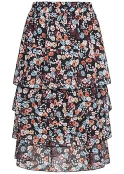 Styleboom Fashion Damen Midi Stufenrock 2-lagig Blumen Muster Schwarz