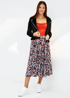 Styleboom Fashion Damen Midi Stufenrock 2-lagig Blumen Muster Schwarz -Onlyy Kleidung Geschaft 20086234 3