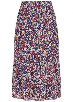 Styleboom Fashion Damen Longform Chiffon Rock Blumen Muster 2-lagig Navy Blau